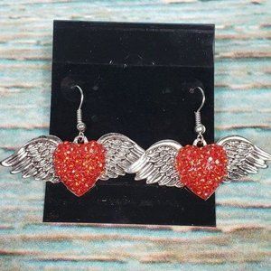 Red Winged Crystal Heart Drop Earrings NWT